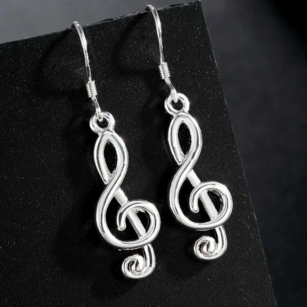Cute Lil 1.5" Musical Note Drop Earrings Solid Sterling Silver " Hypoallergenic" - Picture 2 of 4